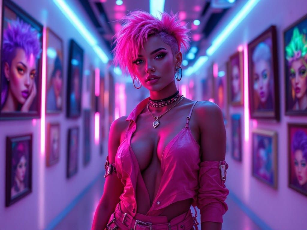 Confident Model Poses in Neon Cyberpunk Gallery