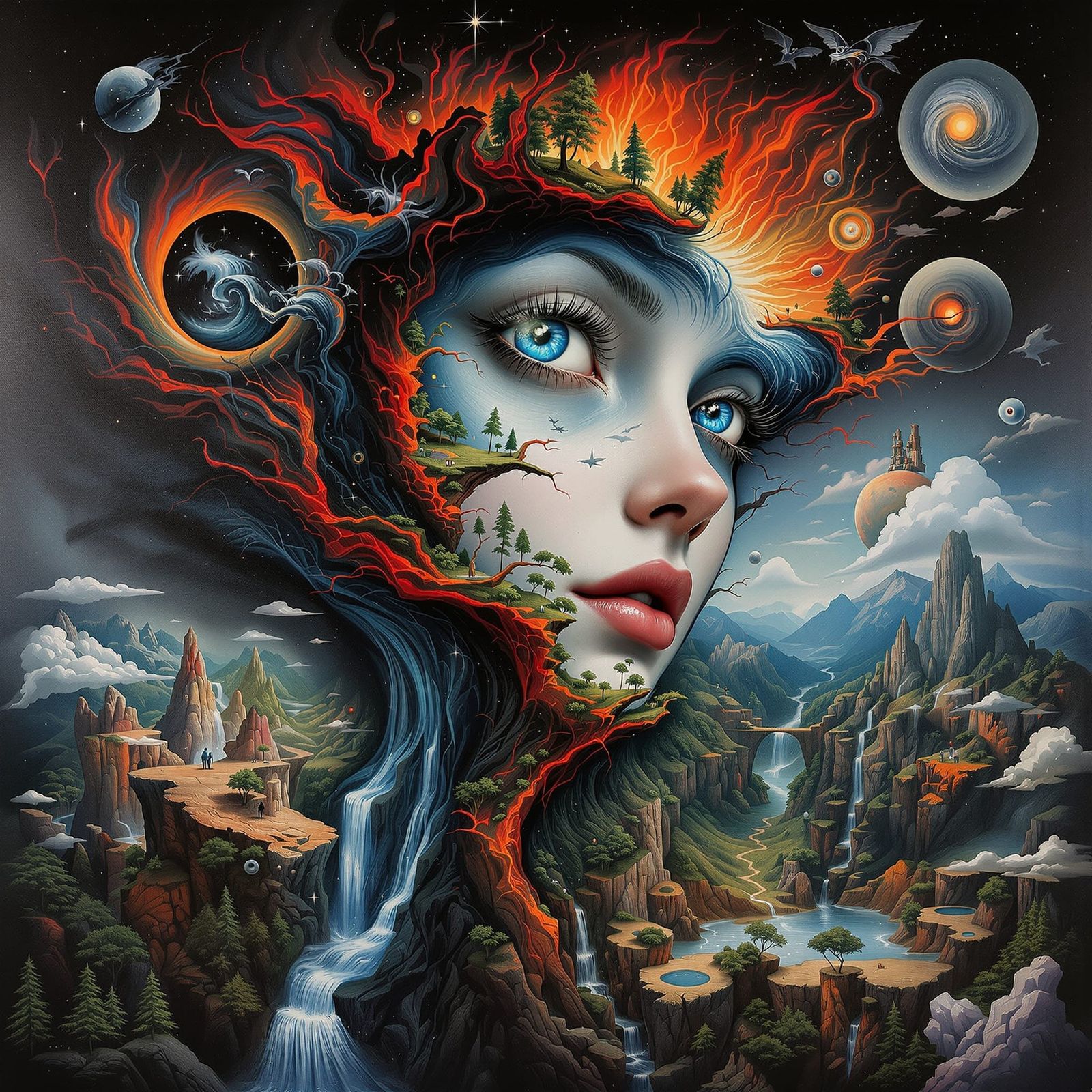 Surreal Woman Merging with Fractal Landscape