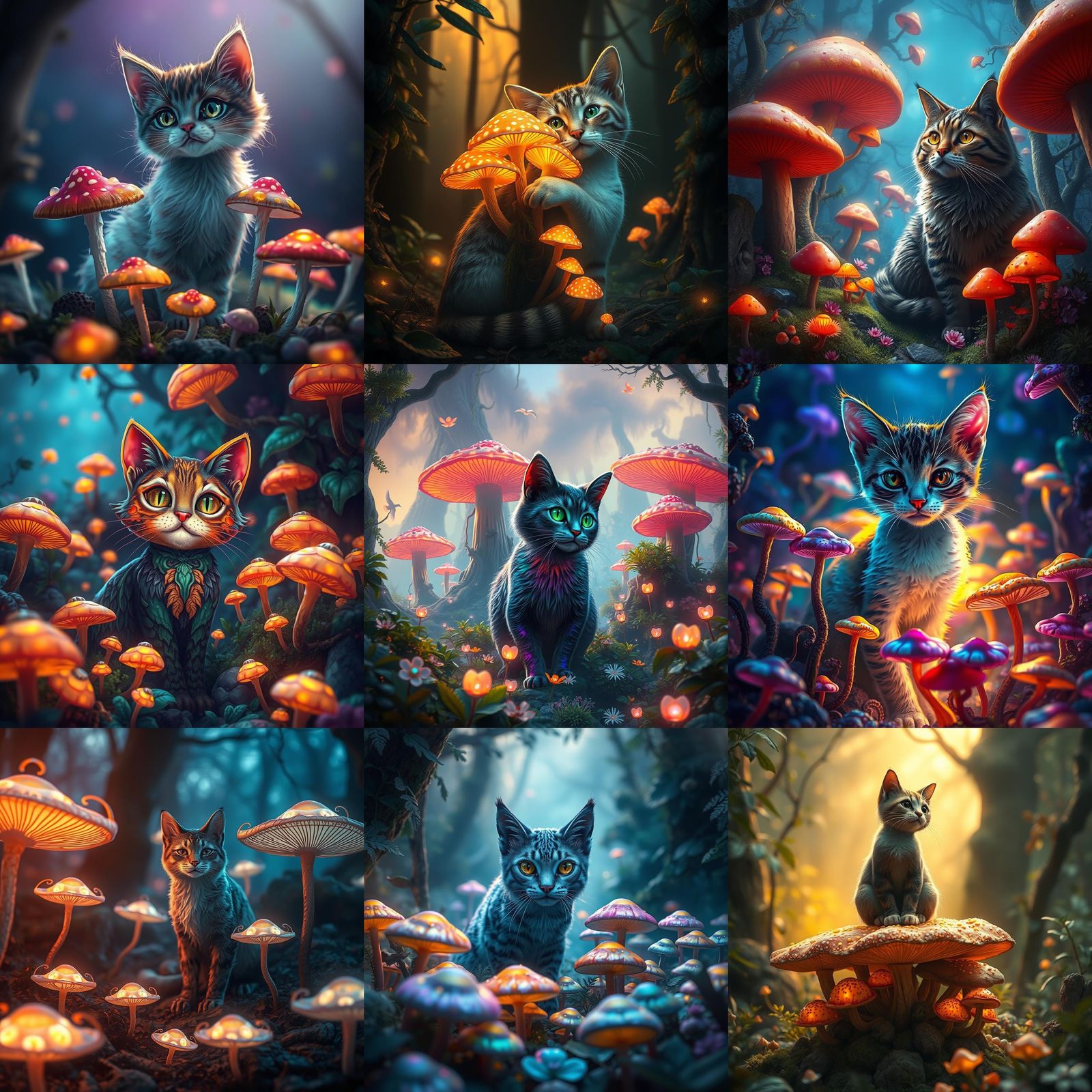 Fantastical Cat Mushrooms in Detailed Matte Painting