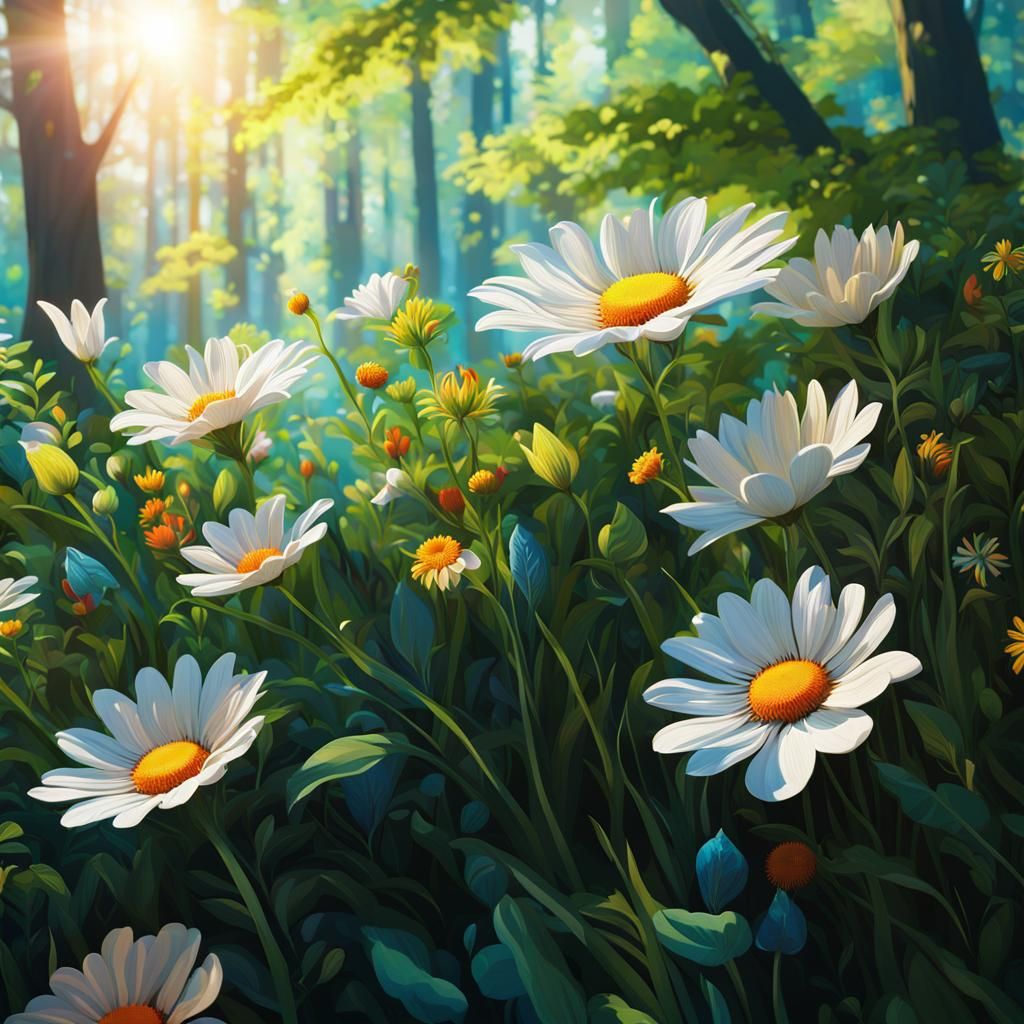 Vibrant Tapestry: Flowers in a Psychedelic Forest