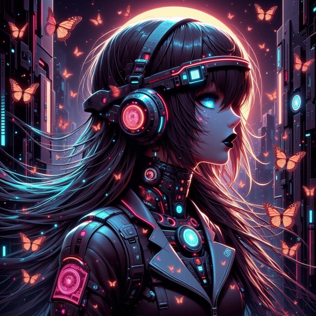 Alice in Cyberpunk Cityscape, Futuristic Exploration