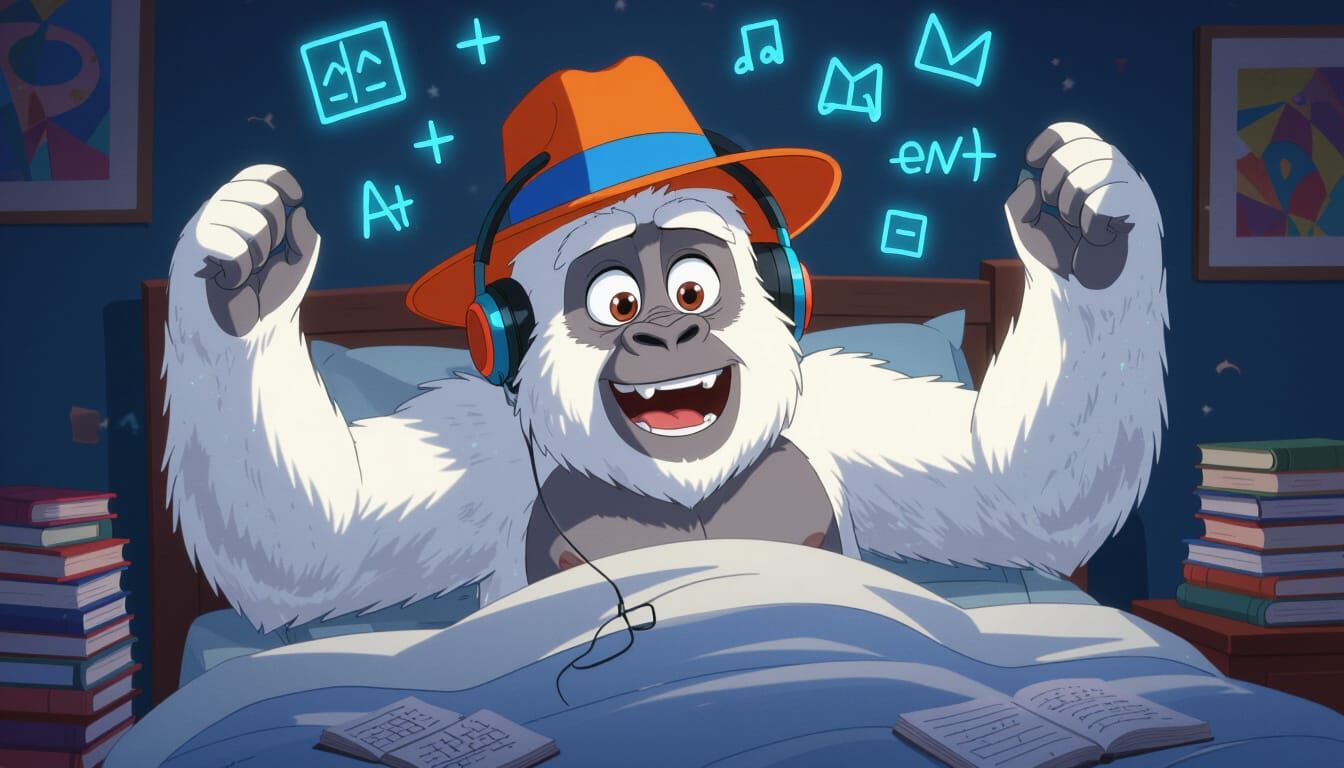 White Gorilla in Orange Hat Wakes Up to Digital Dream
