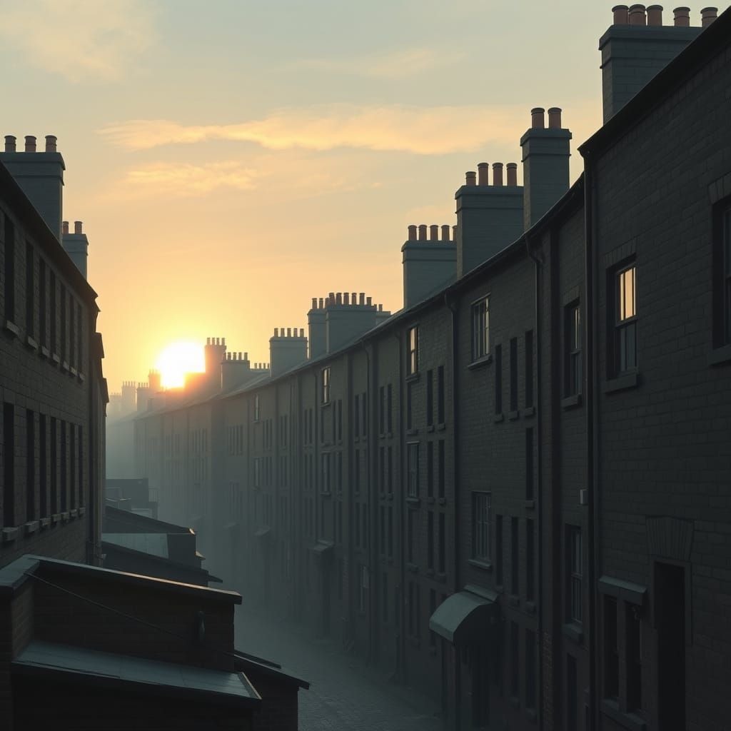 Sunrise Over Glasgow Tenements in Beatrix Potter Style