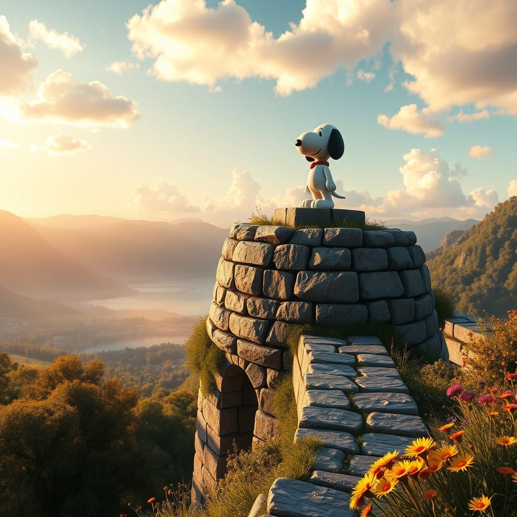 Surreal Snoopy on Ancient Lucerne Wall in Dreamy, Golden Lig...