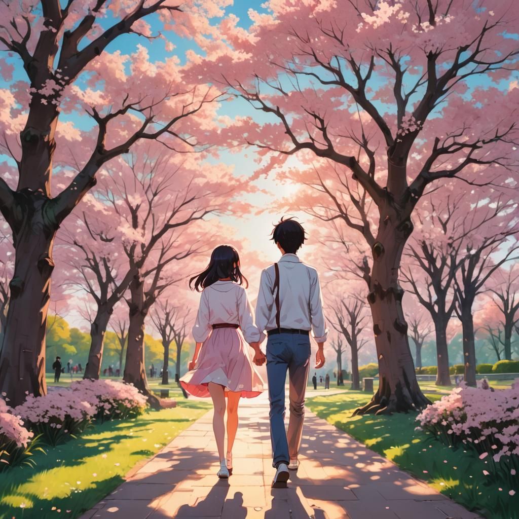 Joyful Couple in Pastel Anime Park, Manga Art