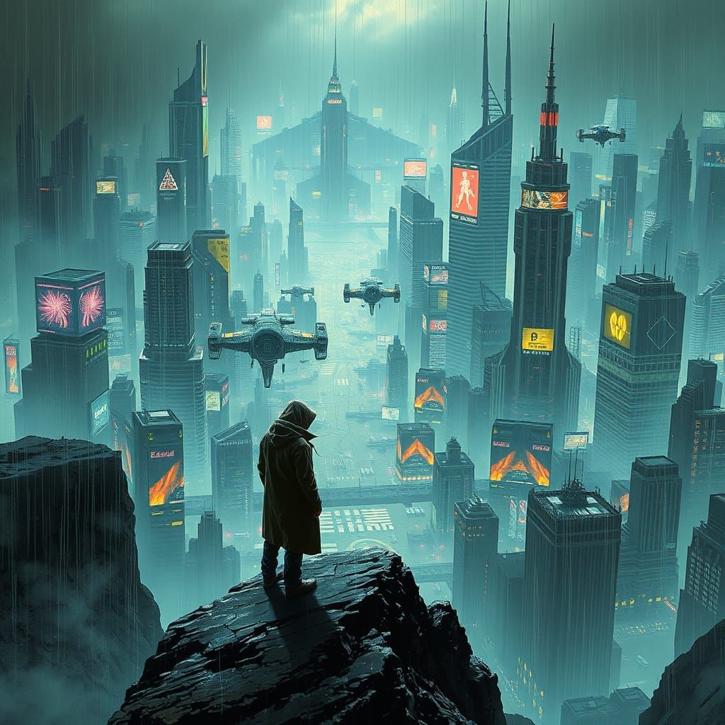 Cyberpunk Metropolis View from Precipice, Syd Mead Style