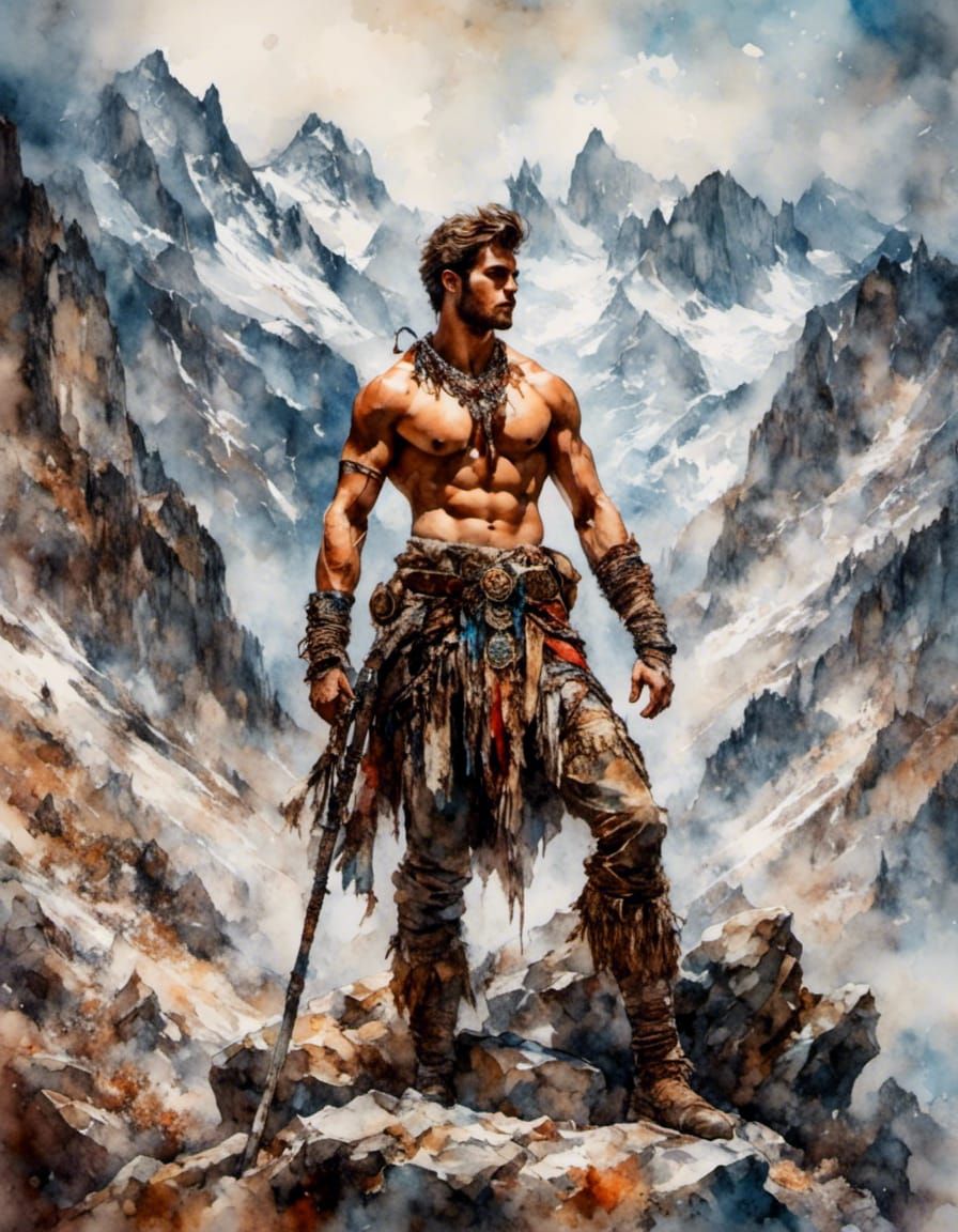 Handsome Man in Mountain Landscape: Gouache Watercolor Portr...