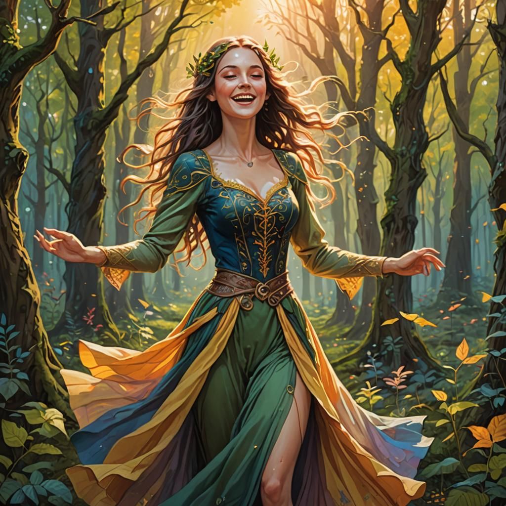 Elvish Beauty Dancing in Forest at Golden Hour