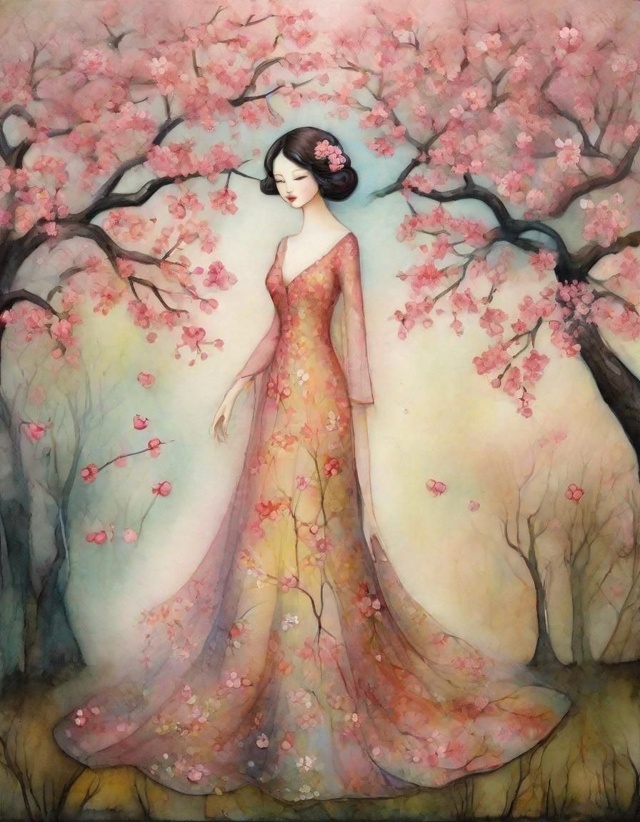 Transparent Woman and Cherry Blossom Tree in Art Brut Style