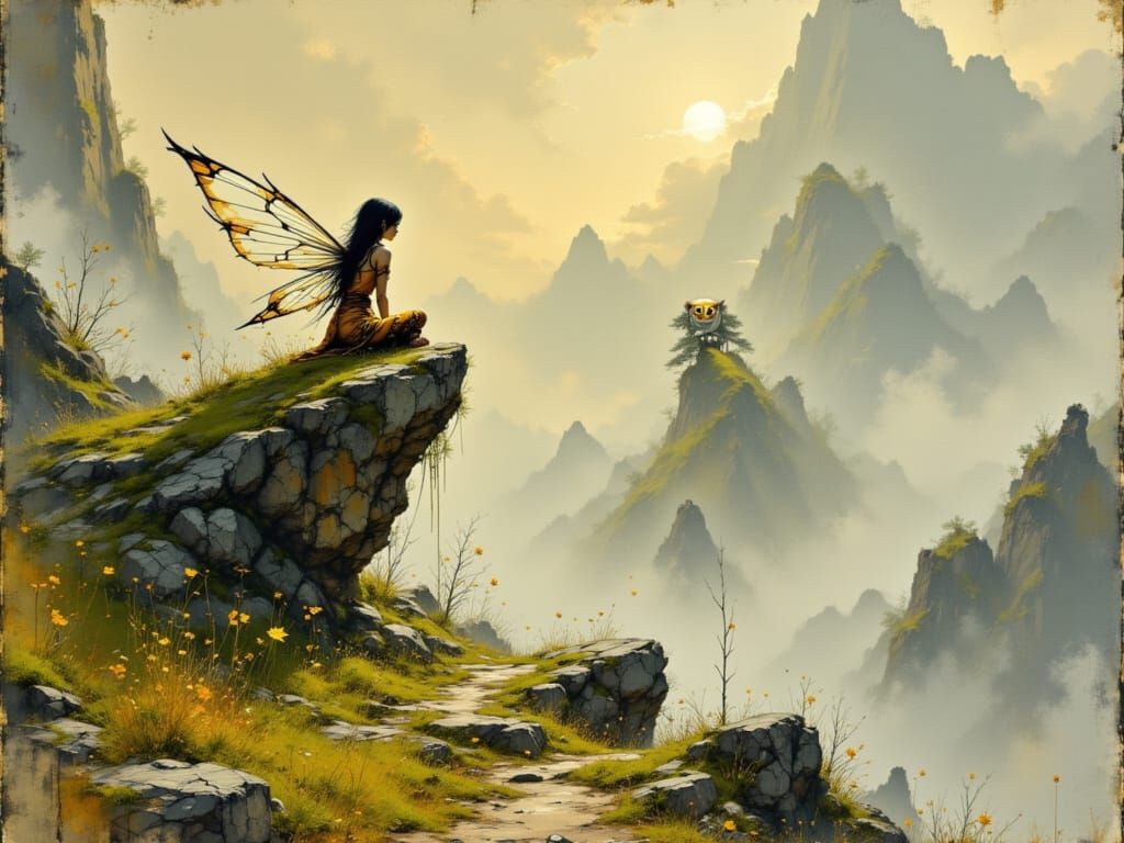 Whimsical Fairy Warrior on Cliffside with Majestic Tiger