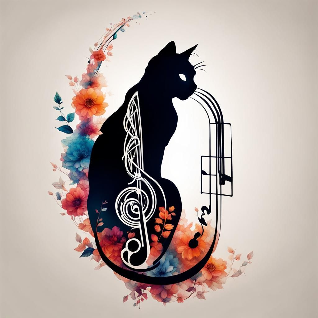 Floral Treble Clef Cat Silhouette Double Exposure