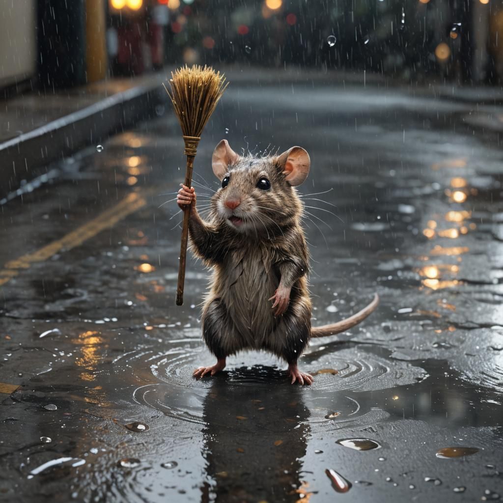 Rat and Broom Dance in Rainy Cyberpunk City