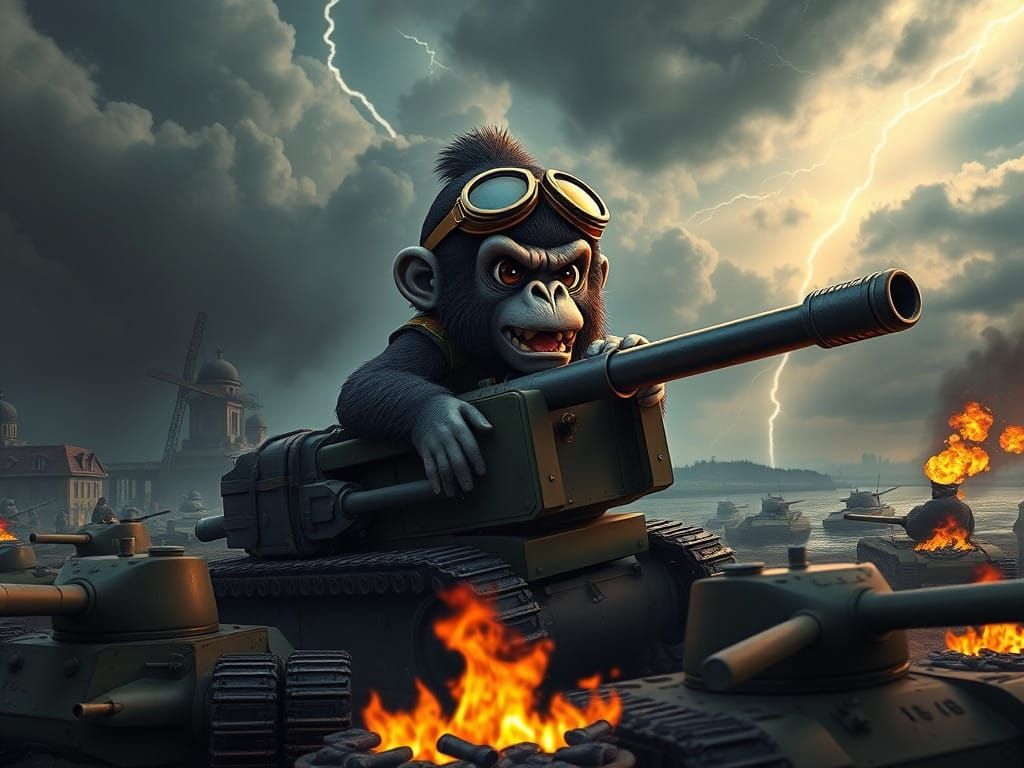 Warrior Gorilla Rampages Through Stalingrad in Cyberpunk Sty...