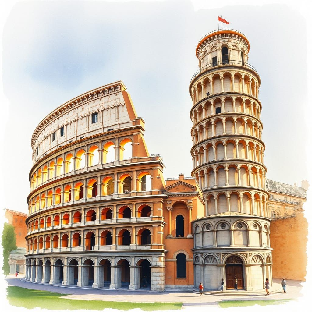 Colosseum and Leaning Tower in Watercolor Style