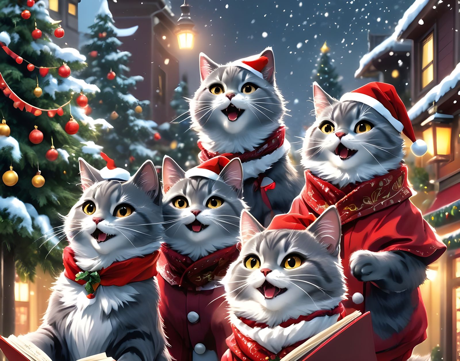 Festive Cats Sing Christmas Carols in Anime Style
