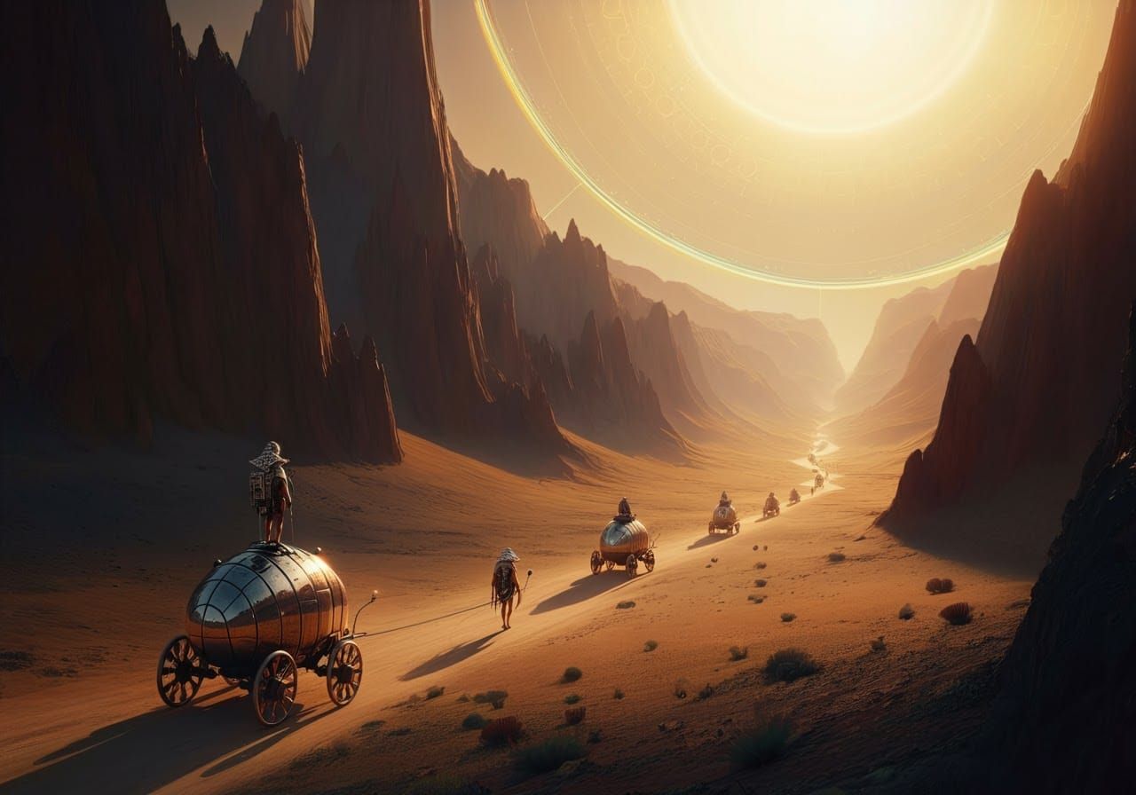 Nomadic Humanoids Journey Through Valley in Space-Fipunk Sty...