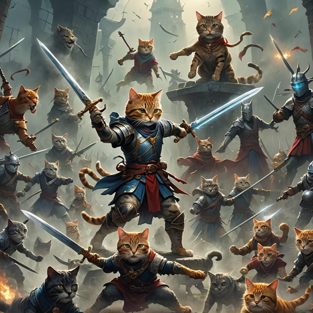 Champion Sword Fighting Cat in Fantasy Fog
