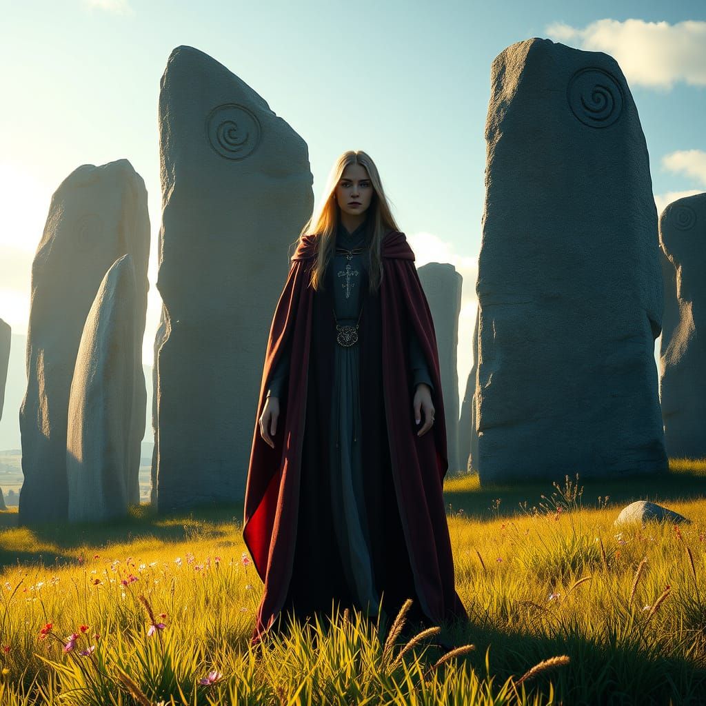 Ancient Priestess Amidst Mystical Megaliths in a Vibrant Mea...