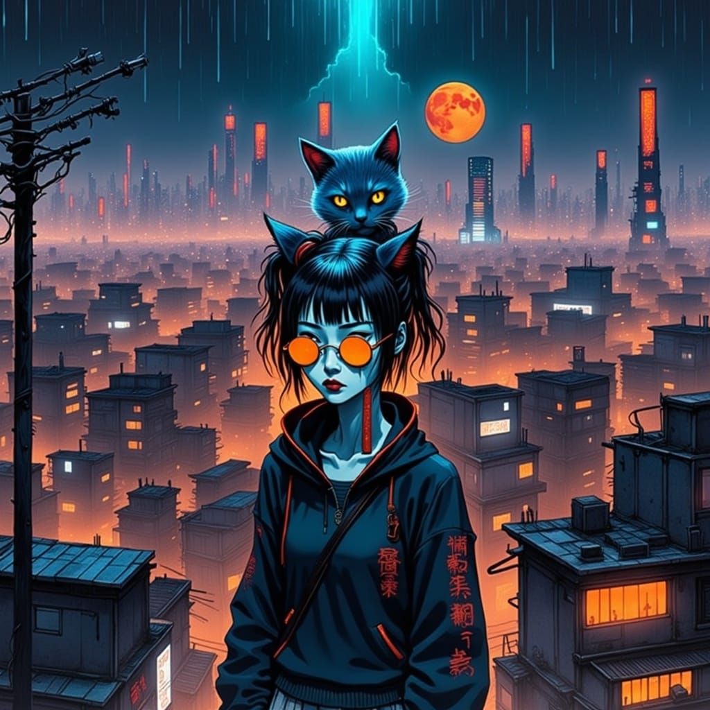 Neon Cyberpunk City Guardian Spirits