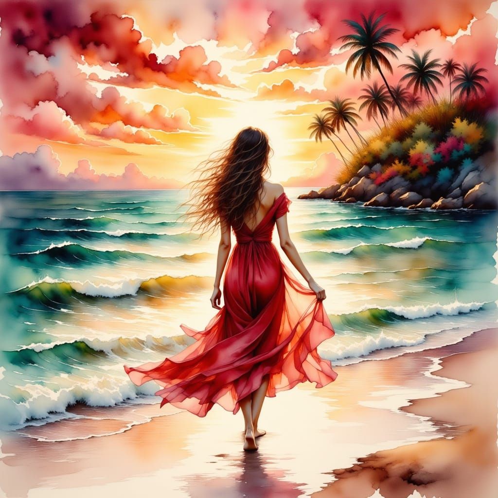 Crimson Beach Serenity in Watercolor Style