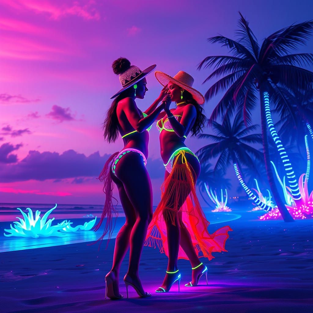 Ethereal Beach Goddesses Dancing in Neon Harmony