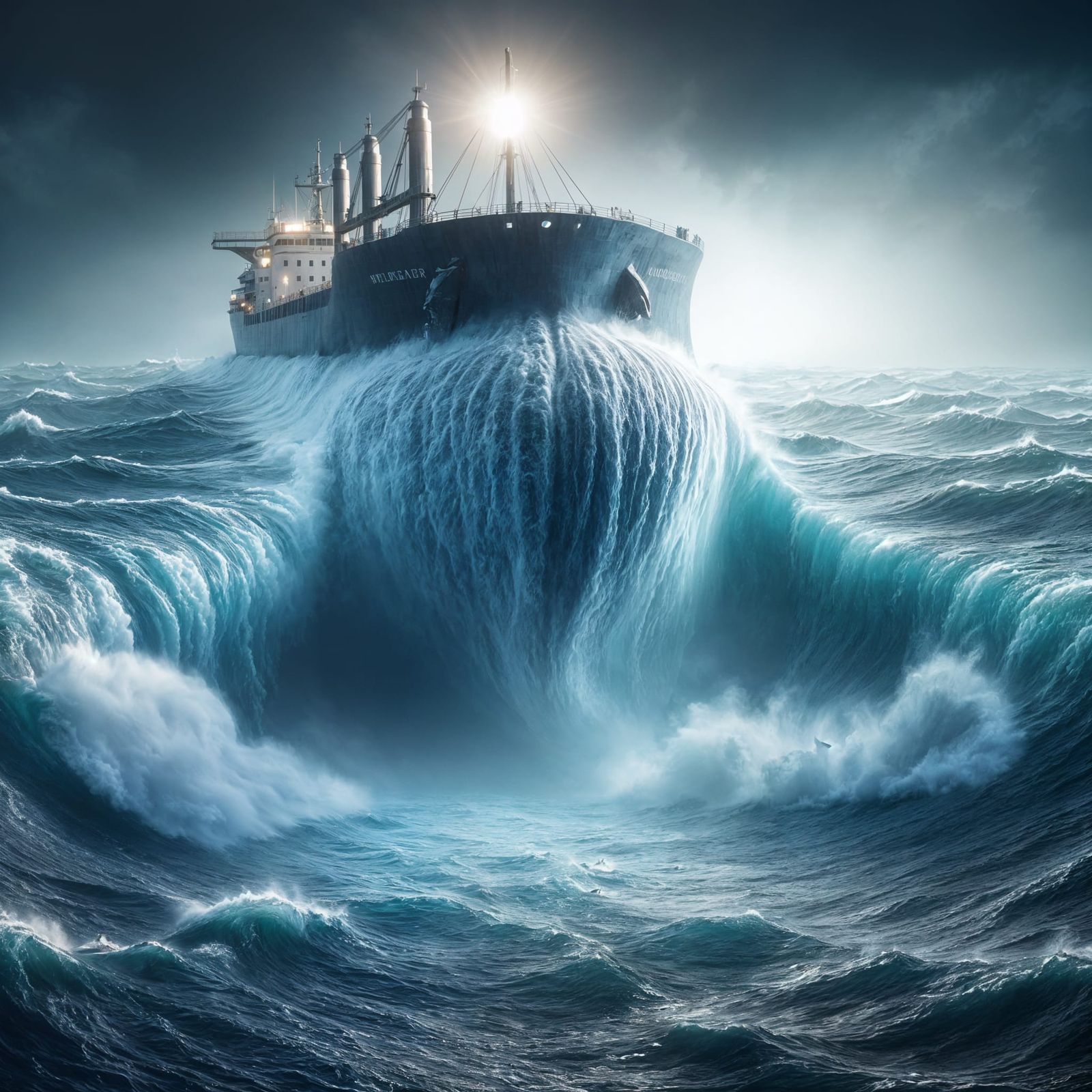 Ship vs Whale: Dramatic Ocean Storm in Intense Lighting