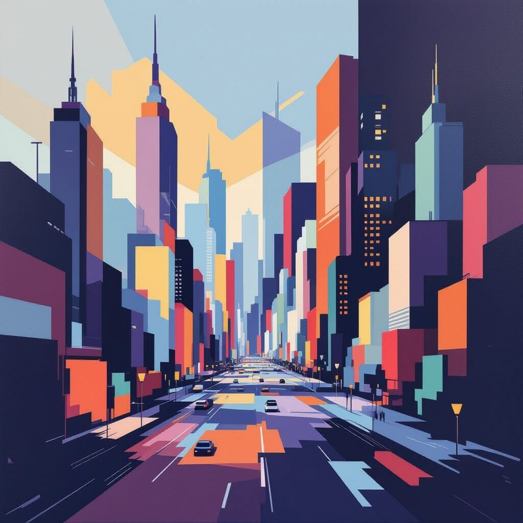 Abstract Futuristic Cityscape in Bold Geometric Shapes