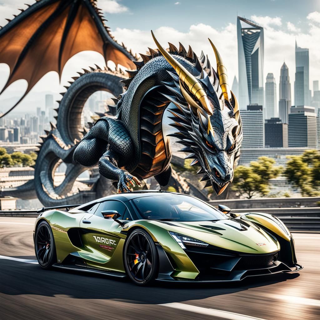 Supercar and Dragon Race Through Cityscape