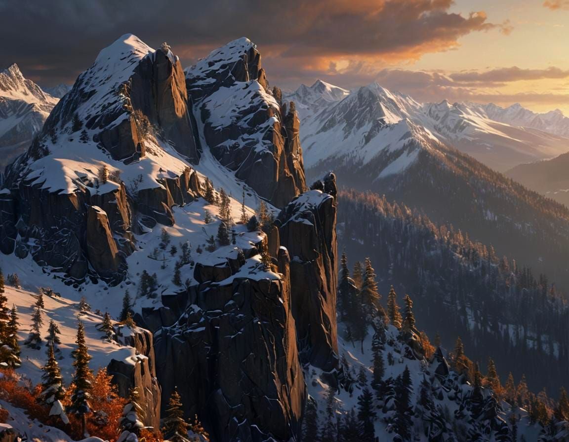 Epic Dark Fantasy Mountain Sunset in CGI Style