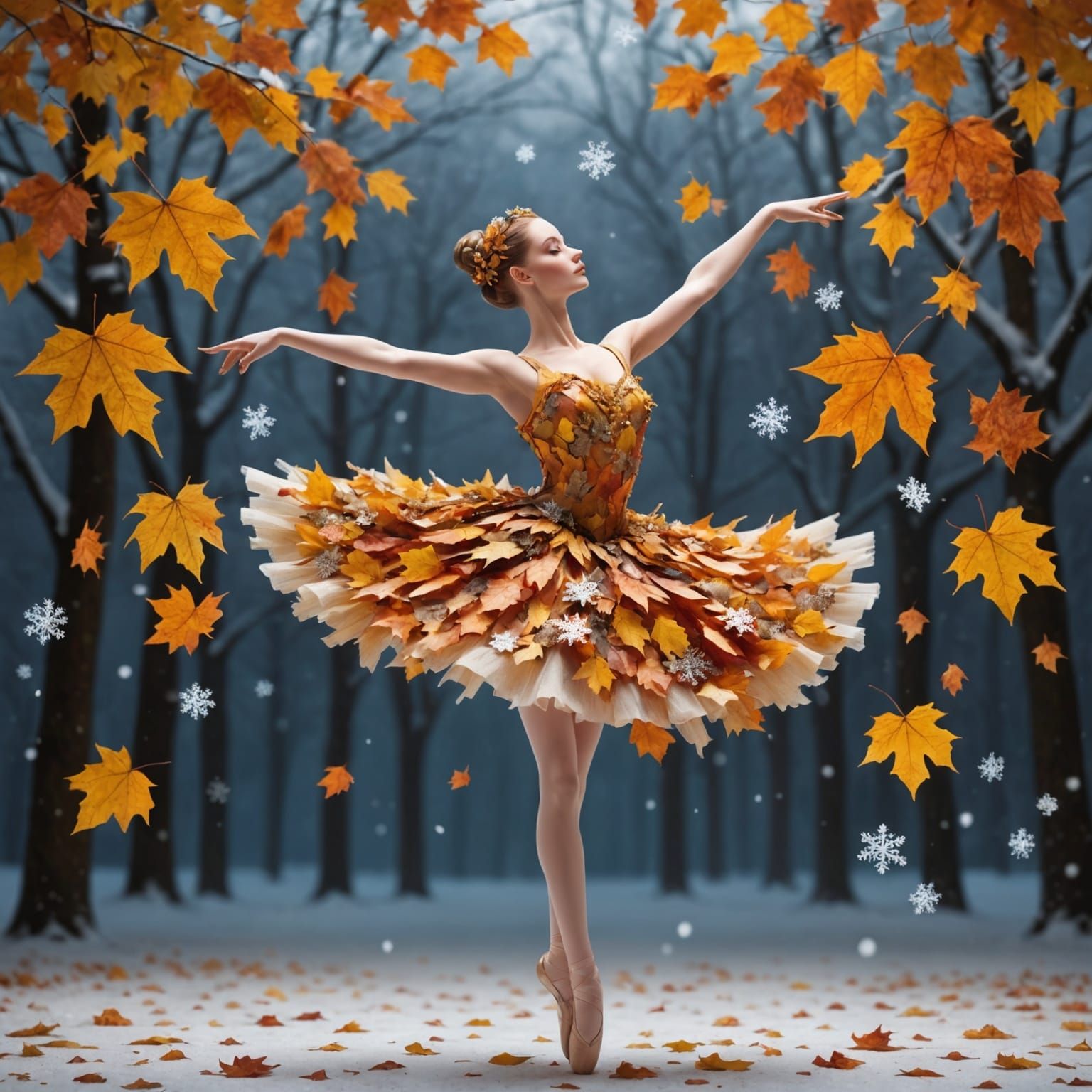 3D Ballerinas Made of Autumn Leaves and Snowflakes
