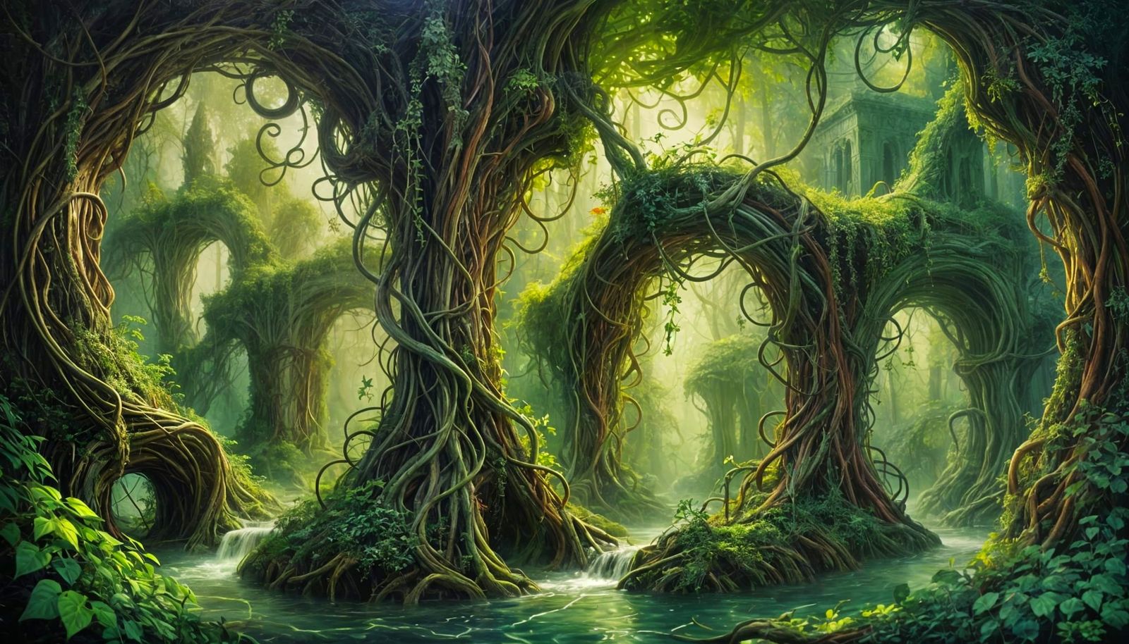 Ethereal Knotted City in a Whimsical Luminous Forest Portal