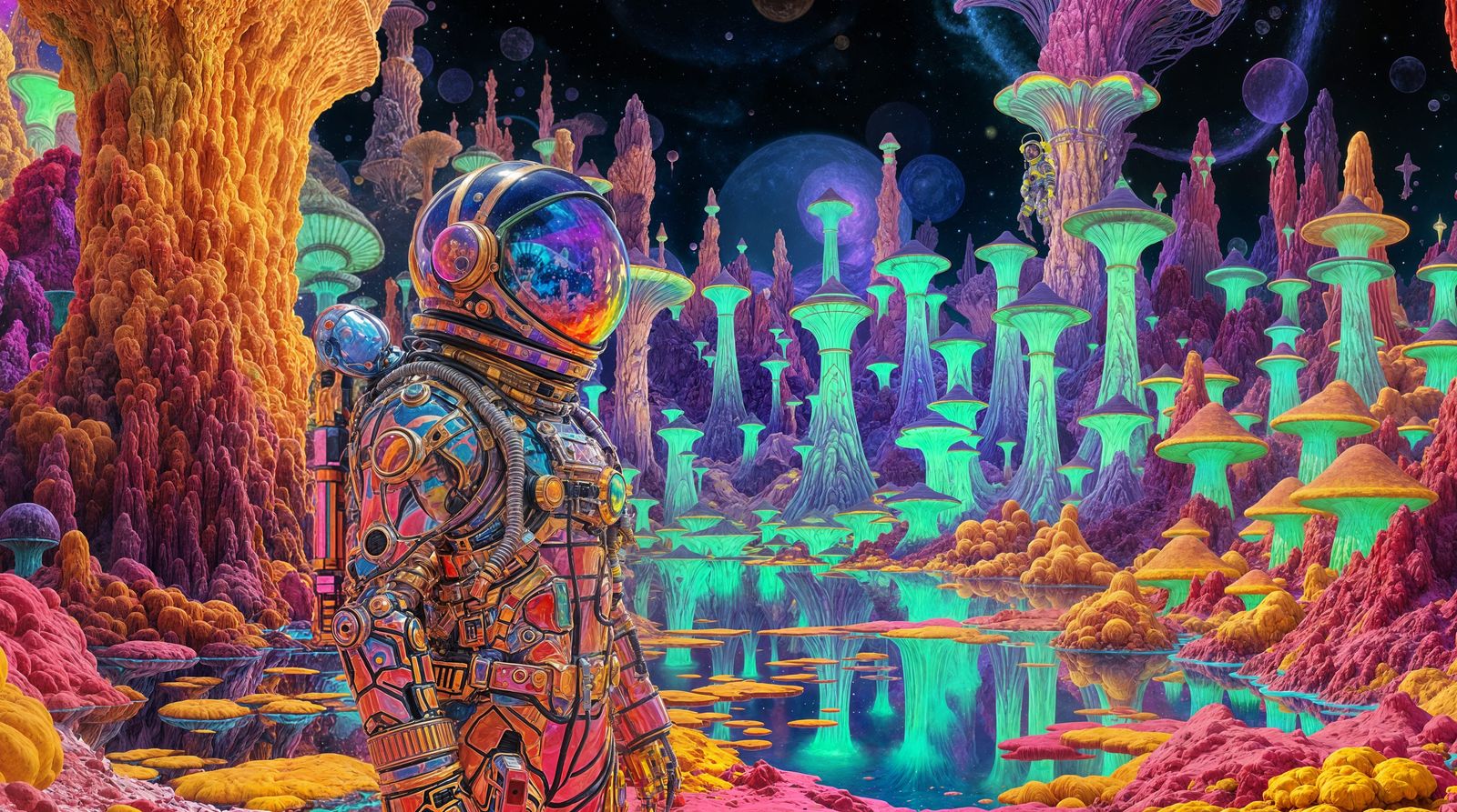 Psychedelic Cosmonaut on Alien Fungi Planet