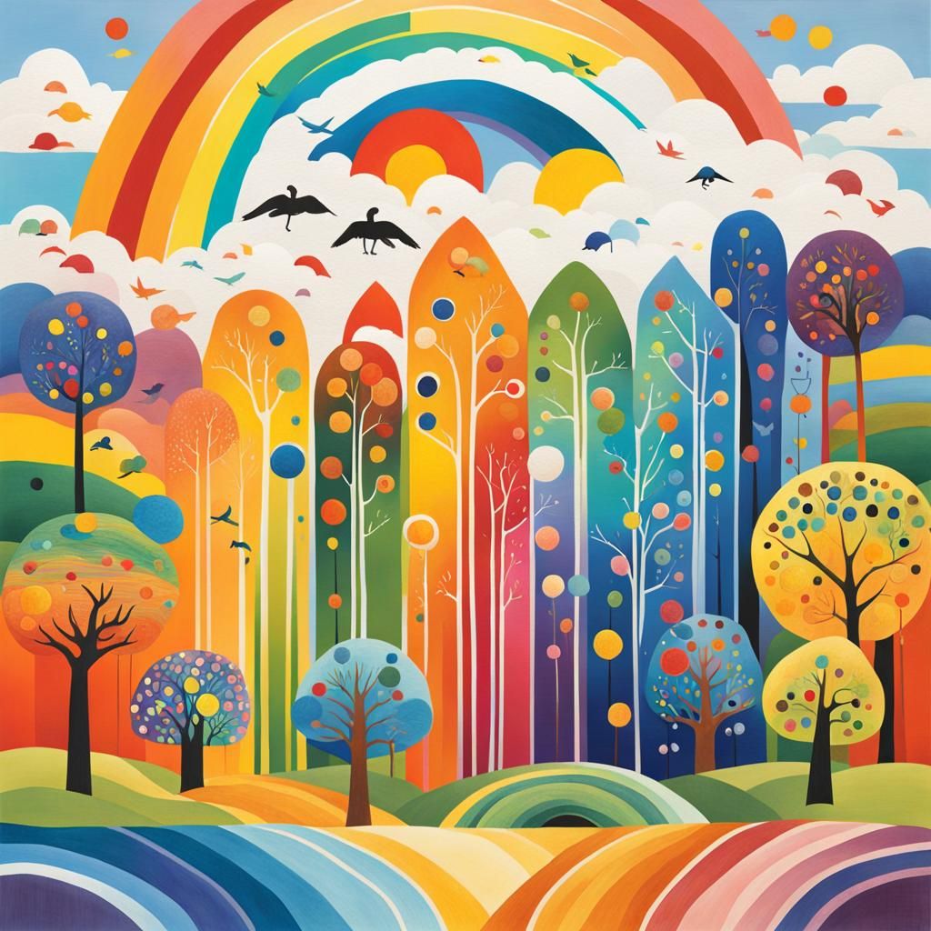 Rainbow Landscape in Folk Art Style