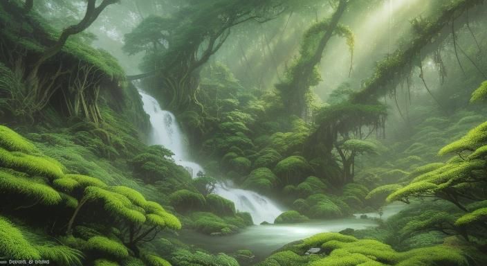 Anime Style Misty Rainforest Cliffside View