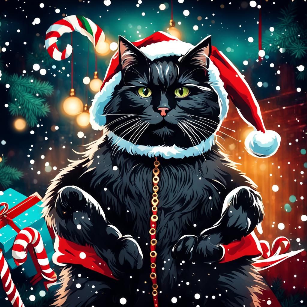 Anthropomorphic Black Cat in Santa Costume