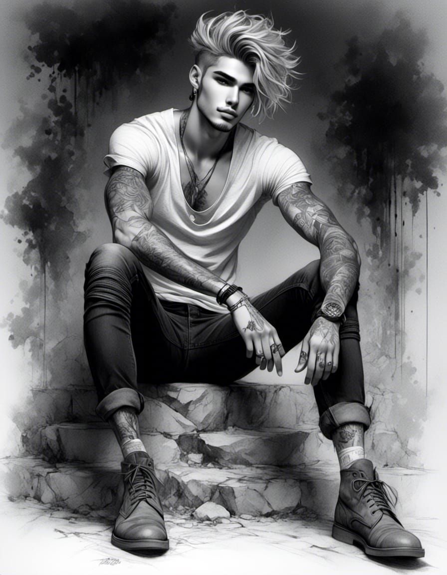 Handsome Anime Guy Sketch Portrait with Tattoos