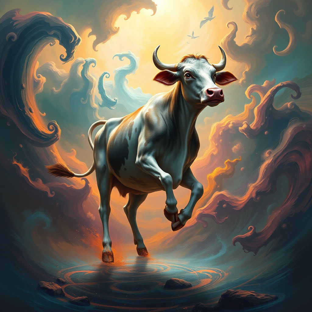 Dancing Cow in Dreamlike Fantasy Landscape