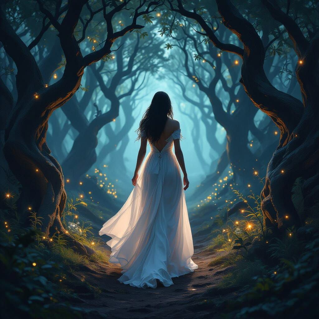 Ethereal Goddess Walking Through Mystical Forest
