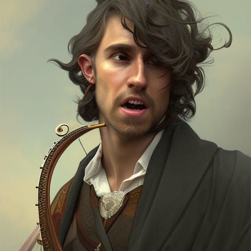 Cheerful Half-Elf Bard Portrait in Art Nouveau Style