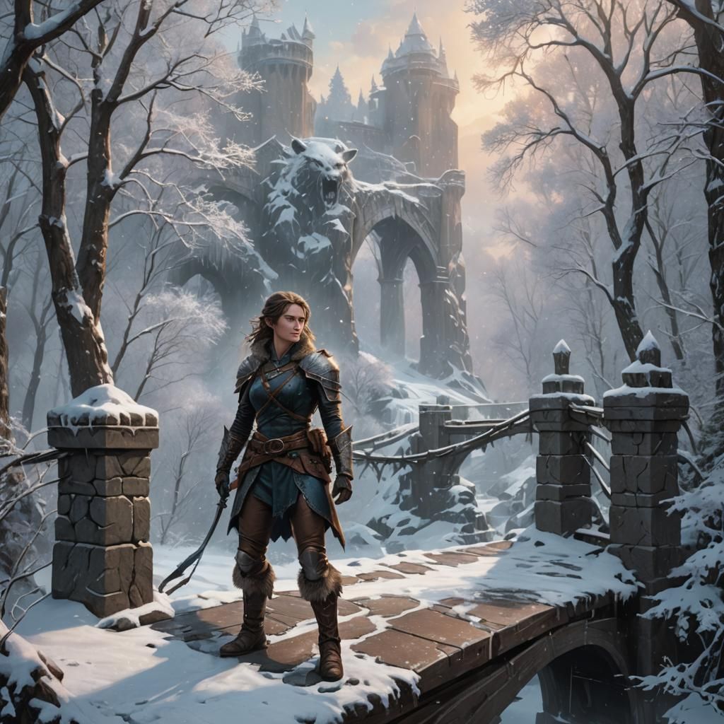 Half-Elf Ranger and Wolverine on Snowy Bridge