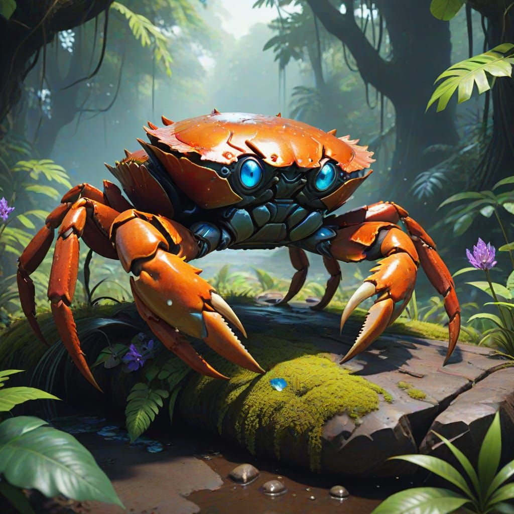 Majestic Land Crab on Ancient Tree Root in Vibrant Jungle La...