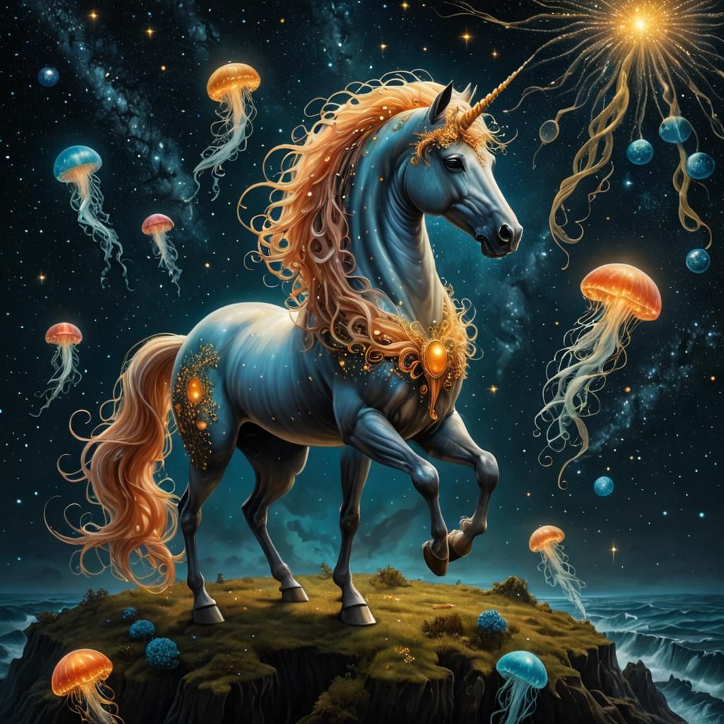 Surreal Bioluminescent Jellyfish Unicorn in Starry Sea