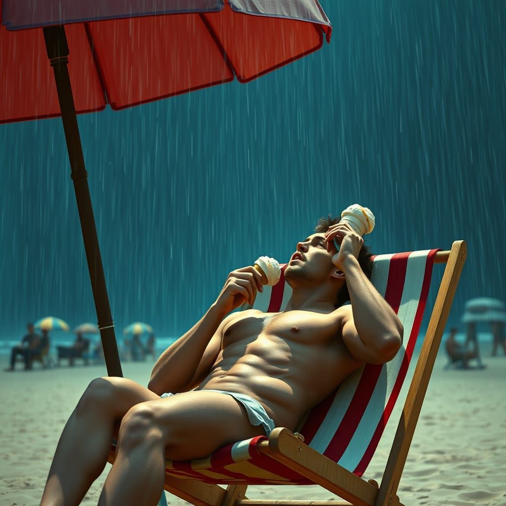 Man Sunbathing in Rain, Detailed Matte Painting