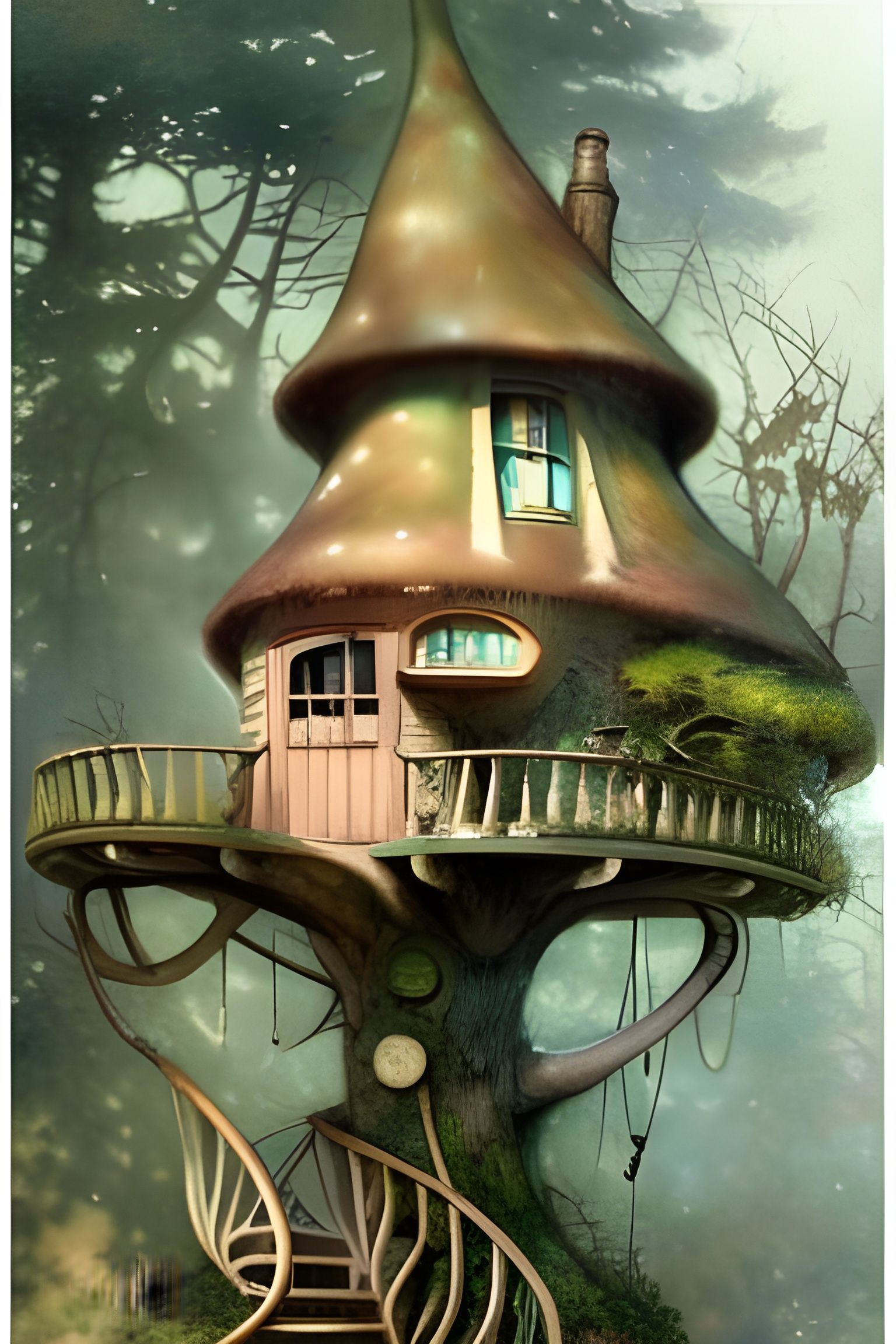1950s fairy tale elf cottage tree house . muted colors.beaut...