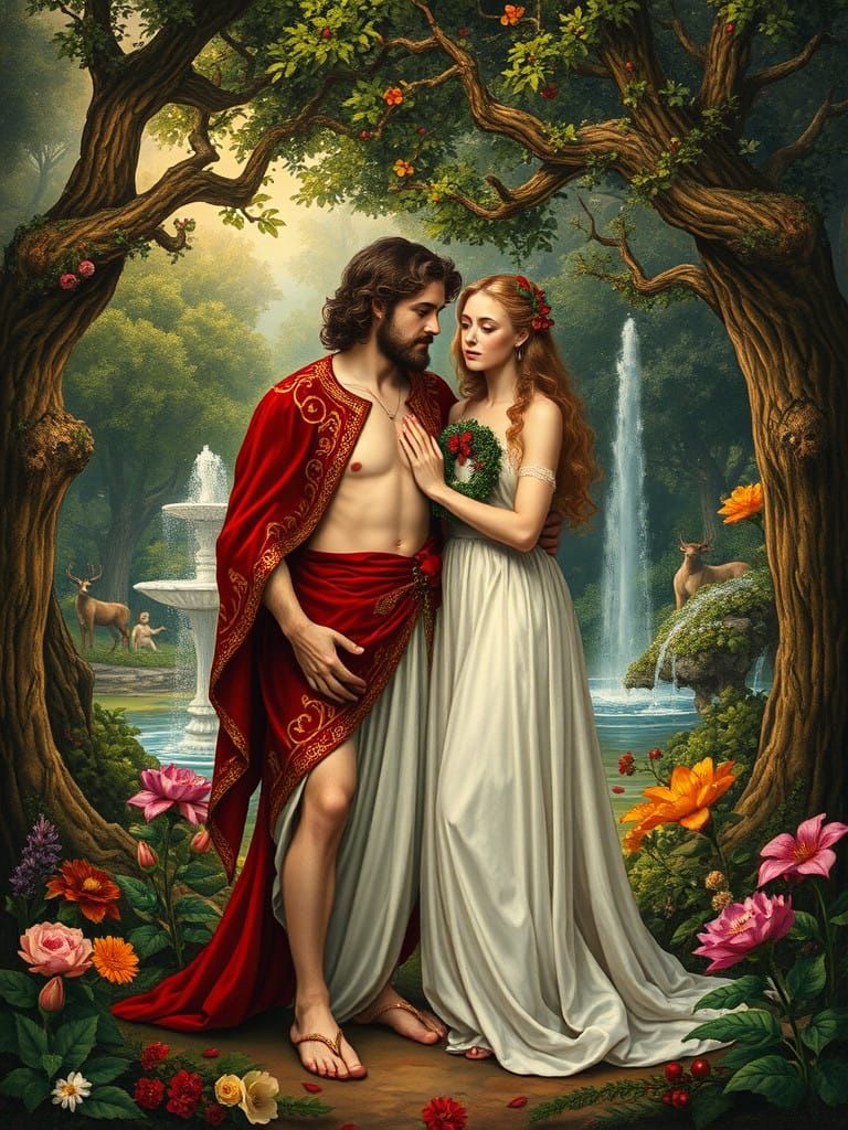 Biblical Figures in Festive Garden of Eden