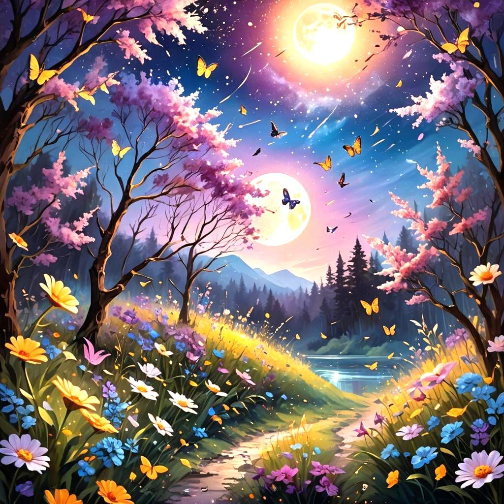 Enchanted Forest: Butterflies, Flowers, and Moonlit Sparks