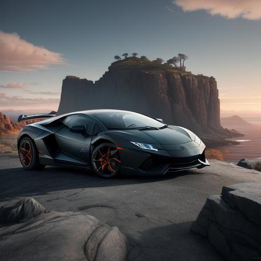 Lambo Overlooking Sunset Landscape in Matte Painting Style