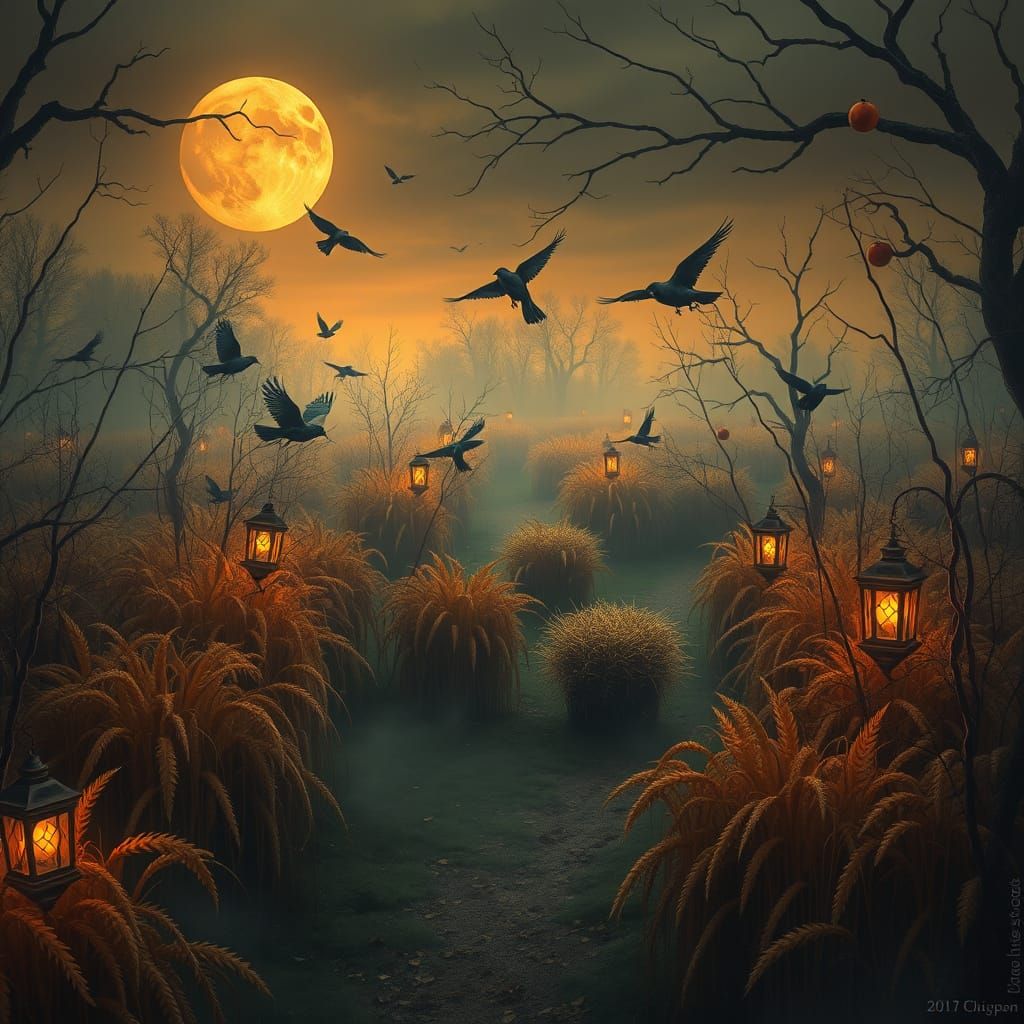 Haunted Halloween Corn Maze Under Moonlight