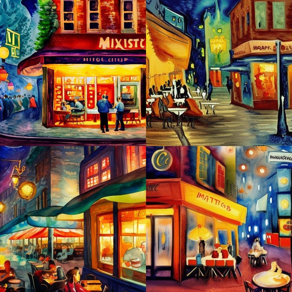 Night Cafe in Gouache and Watercolor Style