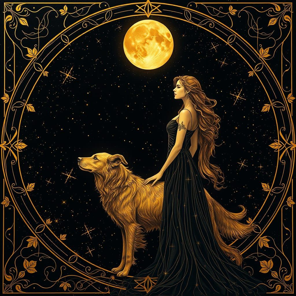Celestial Goddess and Her Luminous Companion under Starry Sk...